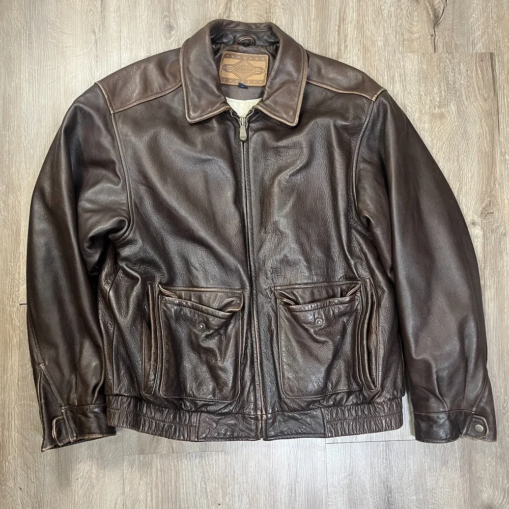 VTG Sonoma Distressed Genuine Leather Heavy Jacket Men L USA Flag